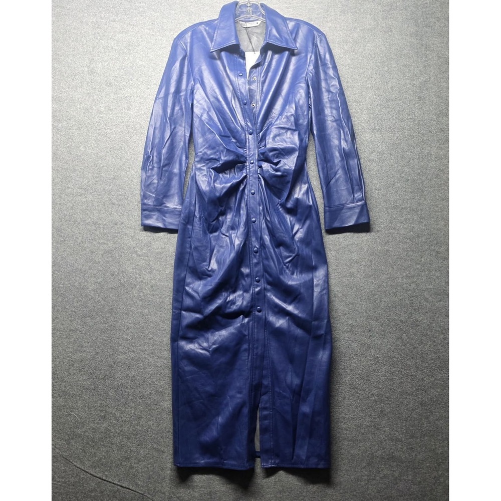 ZARA Women's Blue Faux Leather Shirt Dress Long Sleeve Ruched Waist S